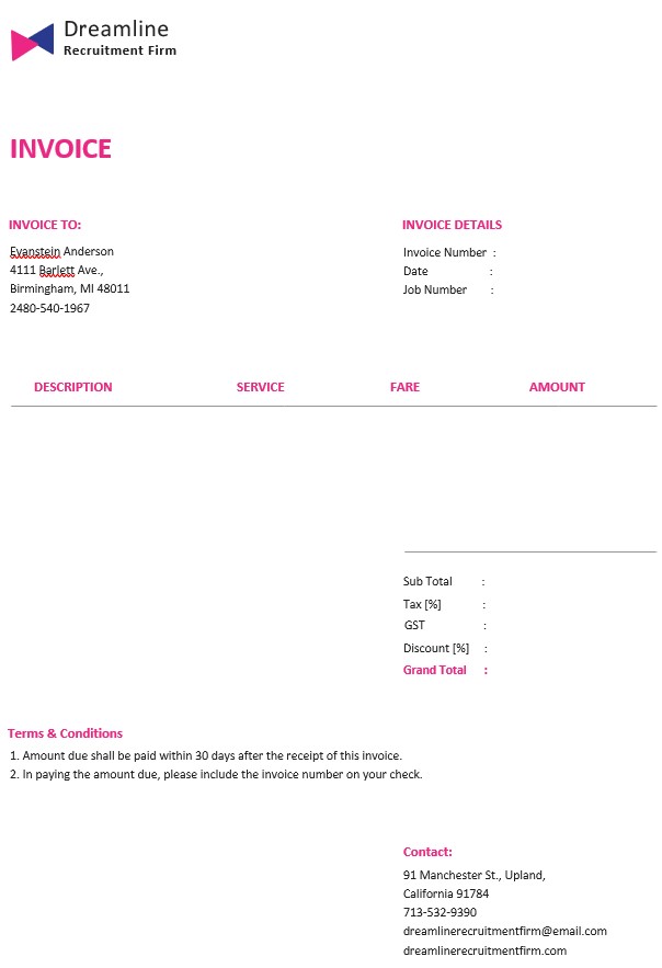 Recruitment Firm Invoice Template PSD template